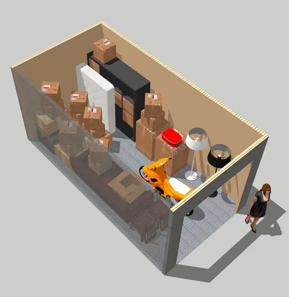 A 3 d image of a room with boxes and people.